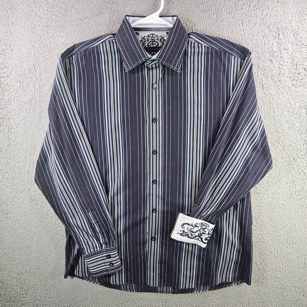 Zagiri Mens XL Long Sleeve Button Down Shirt Striped Cotton Contrast Cuff Grey